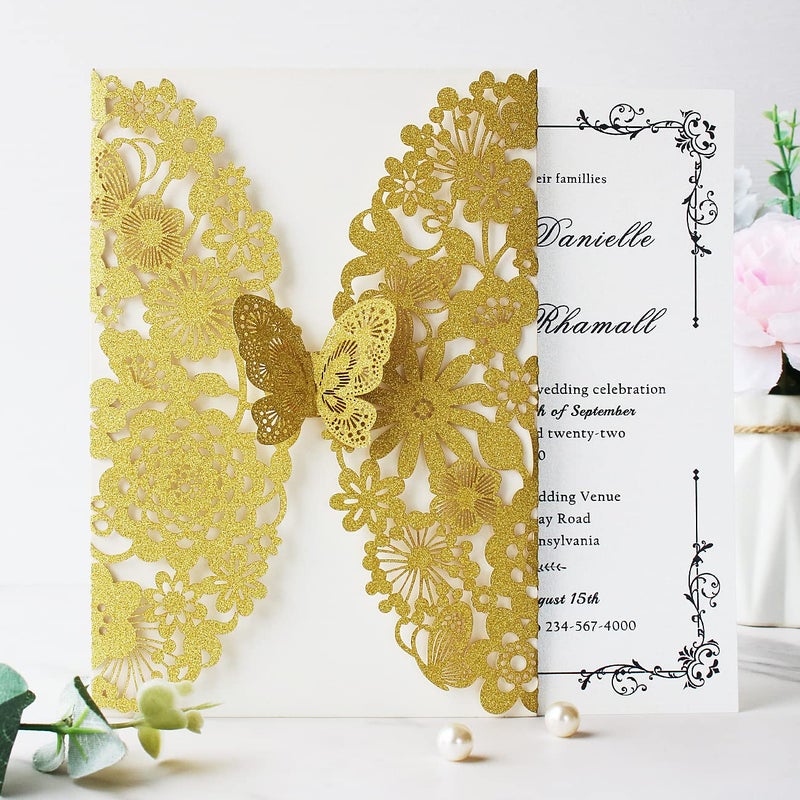 Hosmsua 5.12 x 7.3'' 50PCS Gold Laser Cut Lace Flora Wedding Invitation Cards with Butterfly and Envelopes for Bridal Shower Engagement QuinceaÃ±era Wedding invite (Gold Glitter) - Image 5